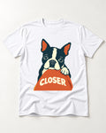 Come Closer Boston Terrier T-Shirt in White, flat lay product photo
