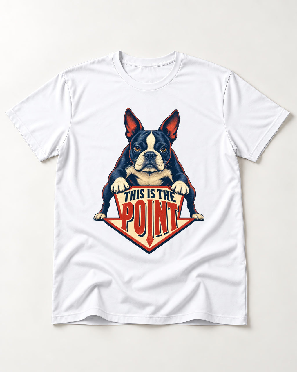 Boston Terrier Is the Point T-Shirt in White, flat lay product photo