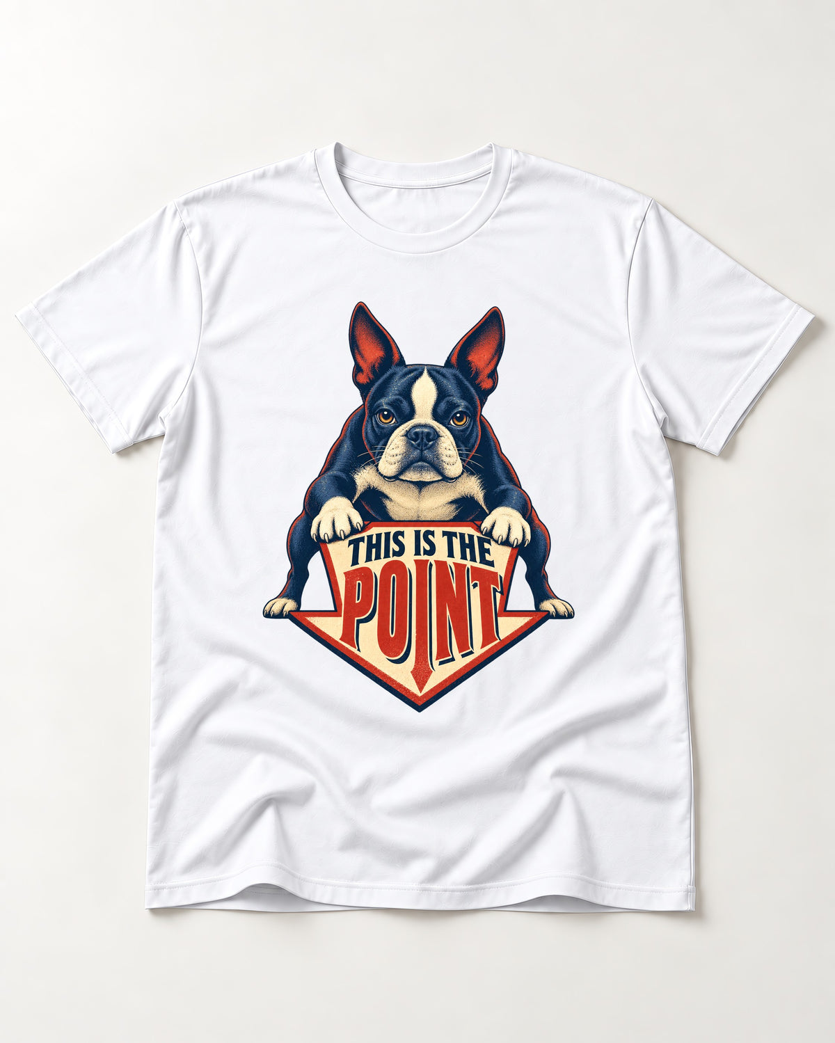 Boston Terrier Is the Point T-Shirt in White, flat lay product photo