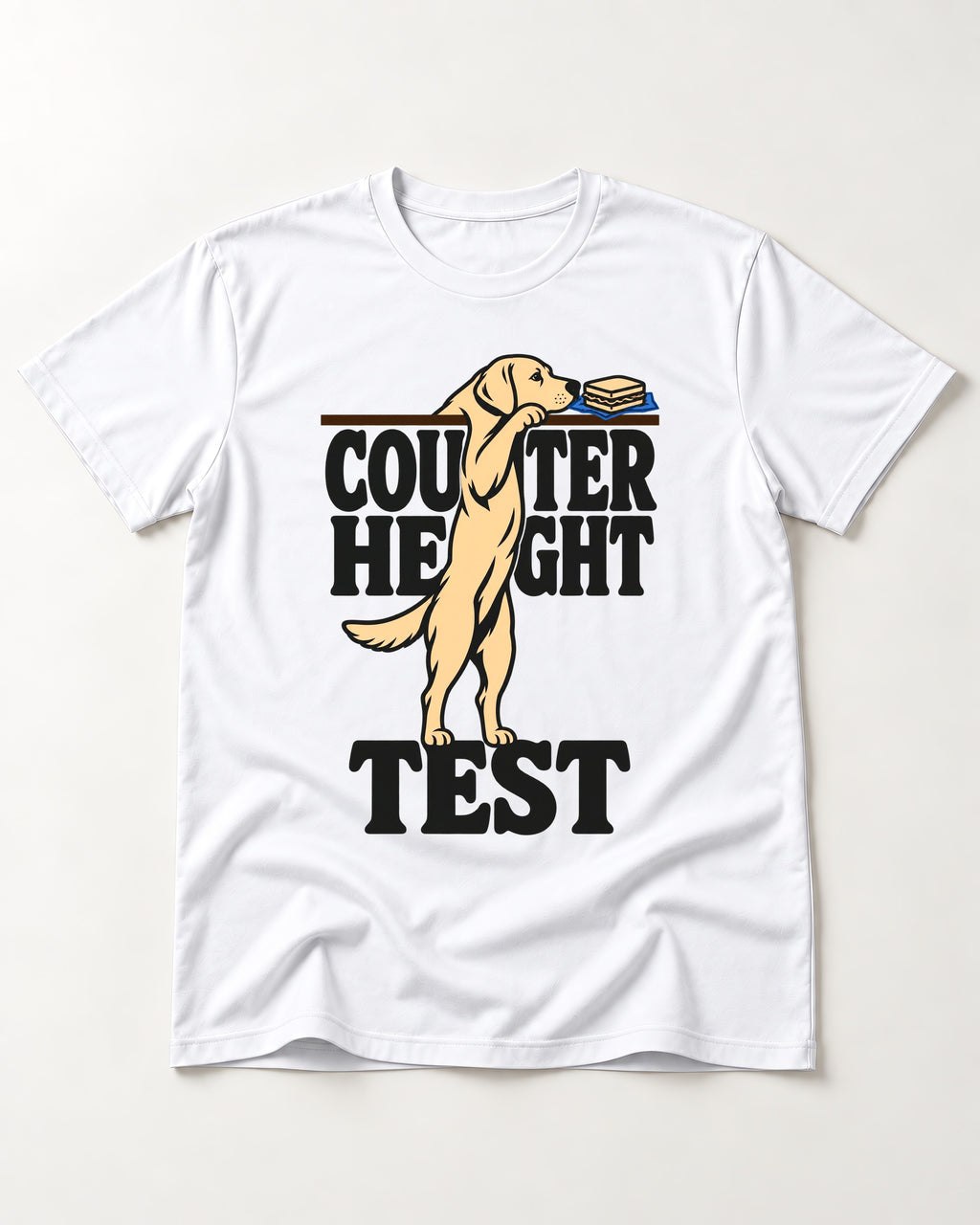 Labrador Retriever Counter Height Test T-Shirt in White, flat lay product photo