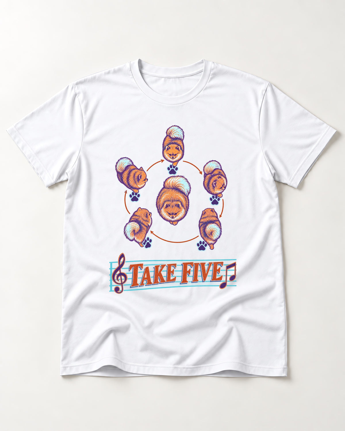 Pomeranian Take Five Choreography Cycle Graphic T-Shirt in White, flat lay product photo