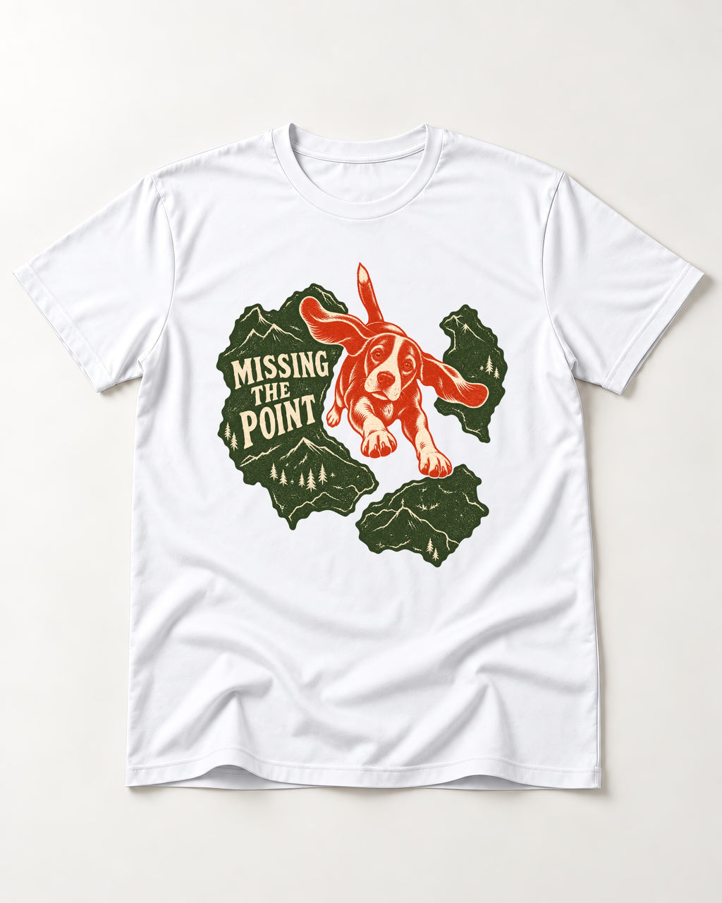 Missing The Point Beagle Trail T-Shirt in White, flat lay product photo