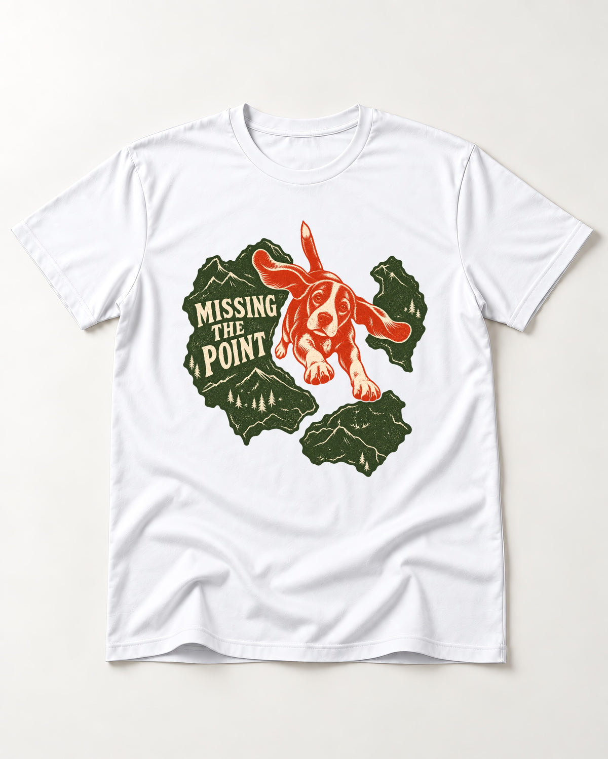 Missing The Point Beagle Trail T-Shirt in White, flat lay product photo