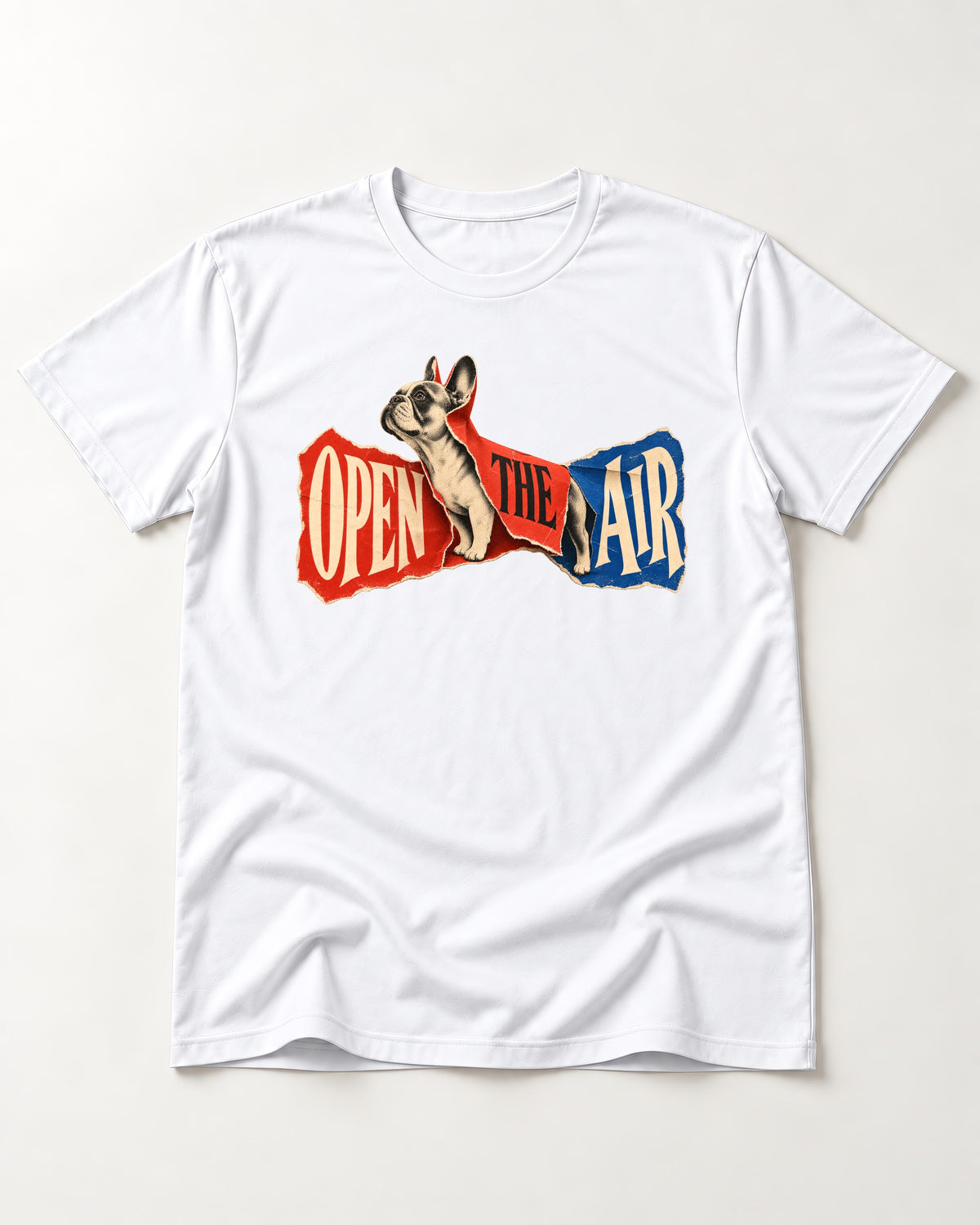 Frenchie Open the Air Torn Poster Graphic T-Shirt in White, flat lay product photo