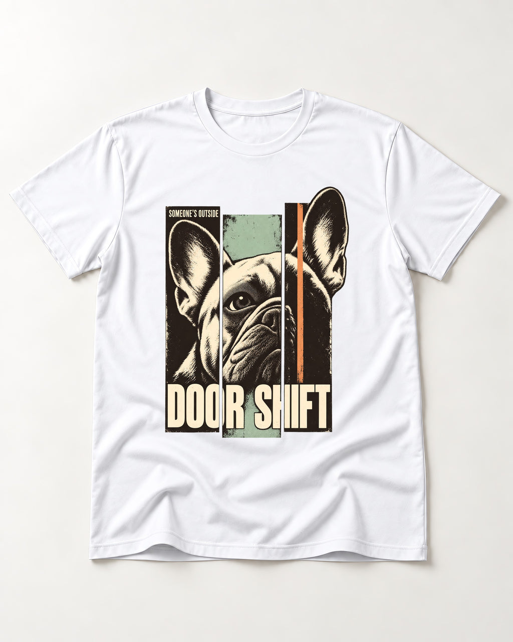 Frenchie Someone's Outside Door Shift Graphic T-Shirt in White, flat lay product photo