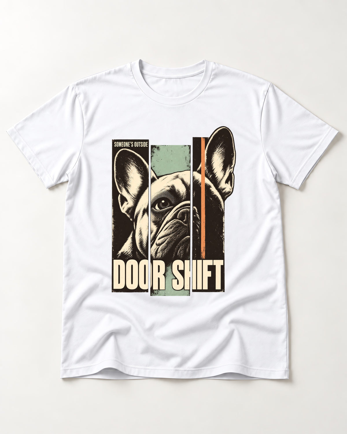 Frenchie Someone's Outside Door Shift Graphic T-Shirt in White, flat lay product photo