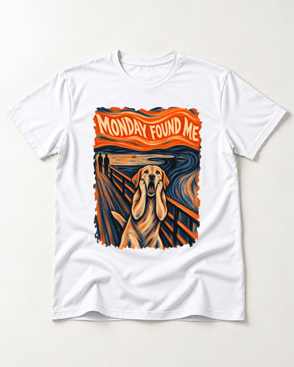 Labrador Retriever Monday Found Me Scream Parody Graphic T-Shirt in White, flat lay product photo