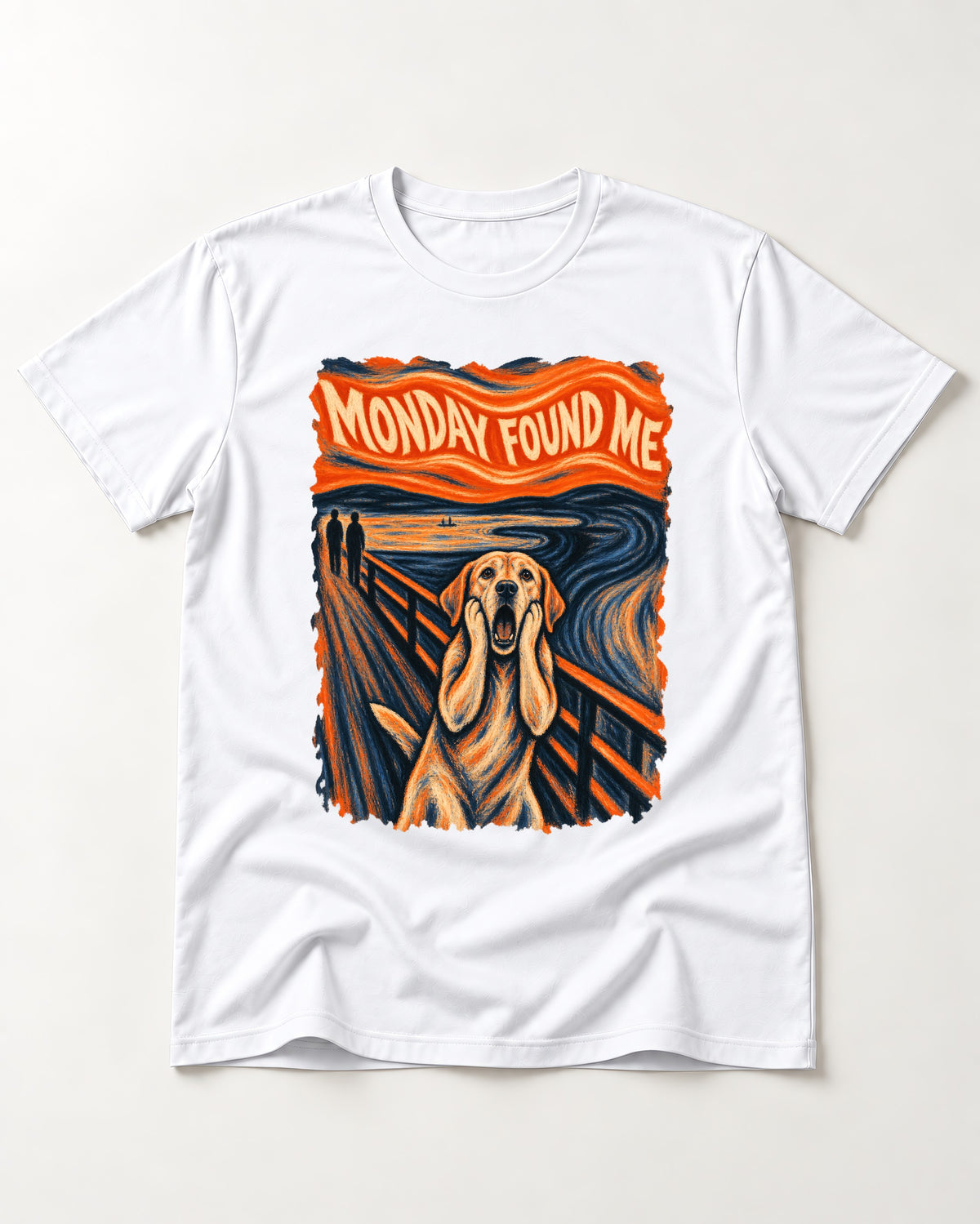 Labrador Retriever Monday Found Me Scream Parody Graphic T-Shirt in White, flat lay product photo