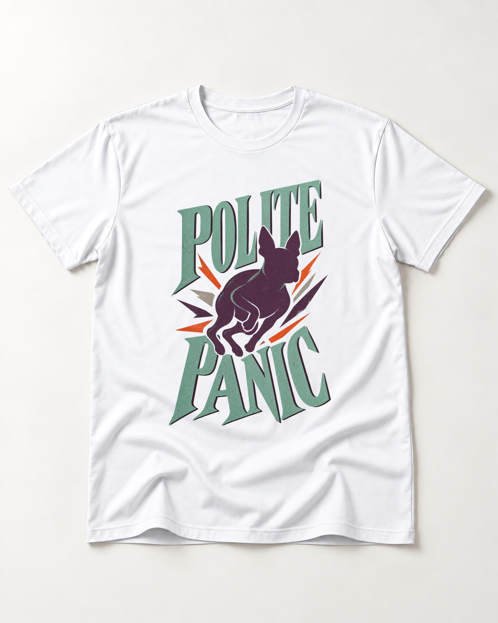 Polite Panic Boston Terrier T-Shirt in White, flat lay product photo