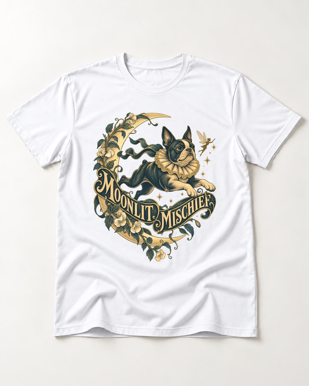 Boston Terrier Moonlit Mischief T-Shirt in White, flat lay product photo