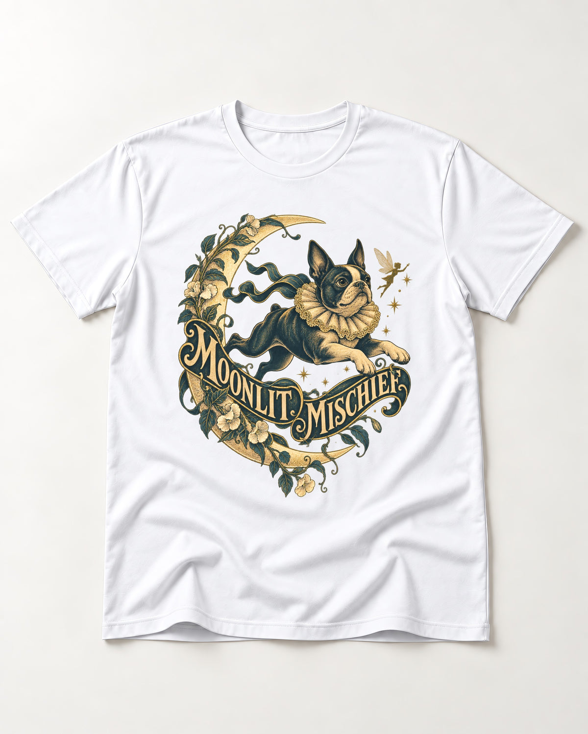 Boston Terrier Moonlit Mischief T-Shirt in White, flat lay product photo