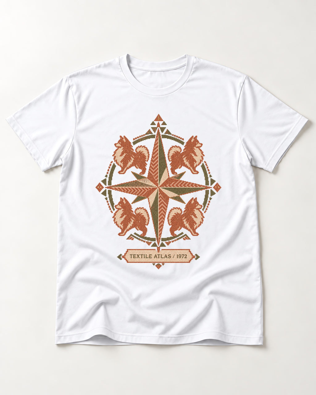 Pomeranian Textile Atlas Compass Rose Graphic T-Shirt in White, flat lay product photo
