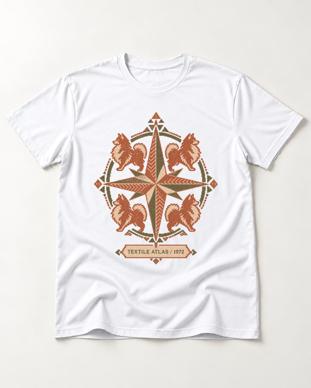 Pomeranian Textile Atlas Compass Rose Graphic T-Shirt in White, flat lay product photo