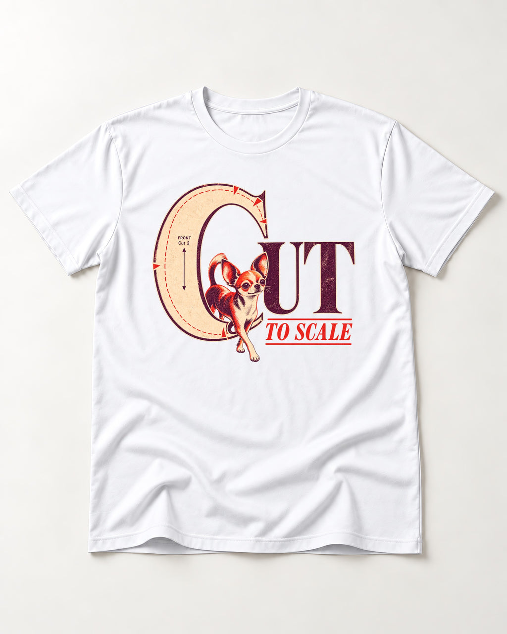 Chihuahua Cut to Scale Sewing Pattern Graphic T-Shirt in White, flat lay product photo