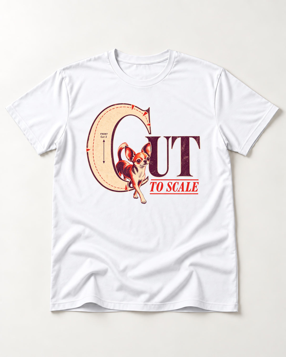 Chihuahua Cut to Scale Sewing Pattern Graphic T-Shirt in White, flat lay product photo