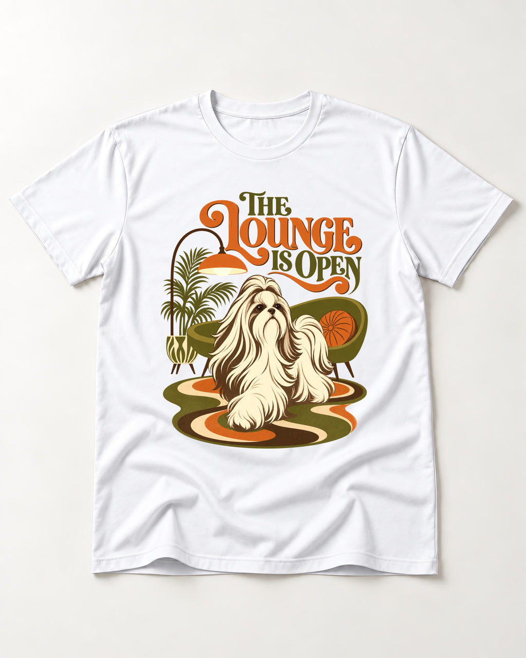 The Shih Tzu Lounge Is Open T-Shirt in White, flat lay product photo