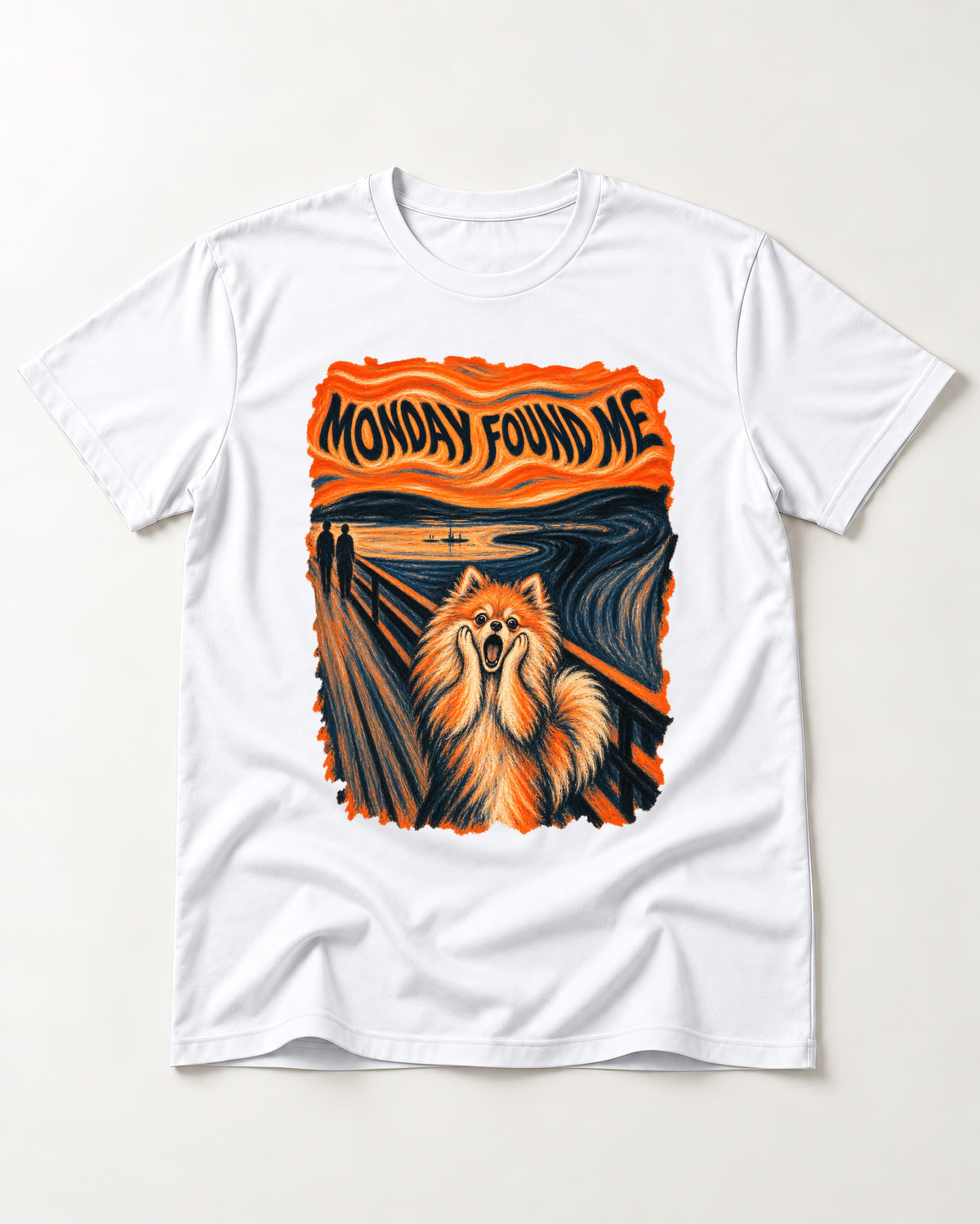 Pomeranian Monday Found Me Scream Parody Graphic T-Shirt in White, flat lay product photo
