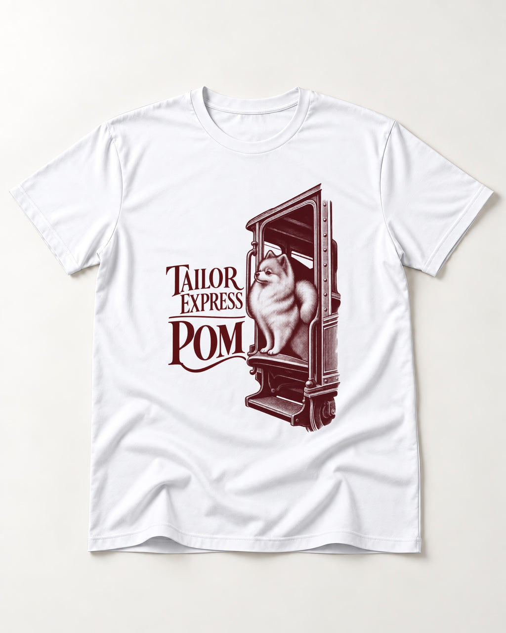 Pomeranian Express T-Shirt in White, flat lay product photo