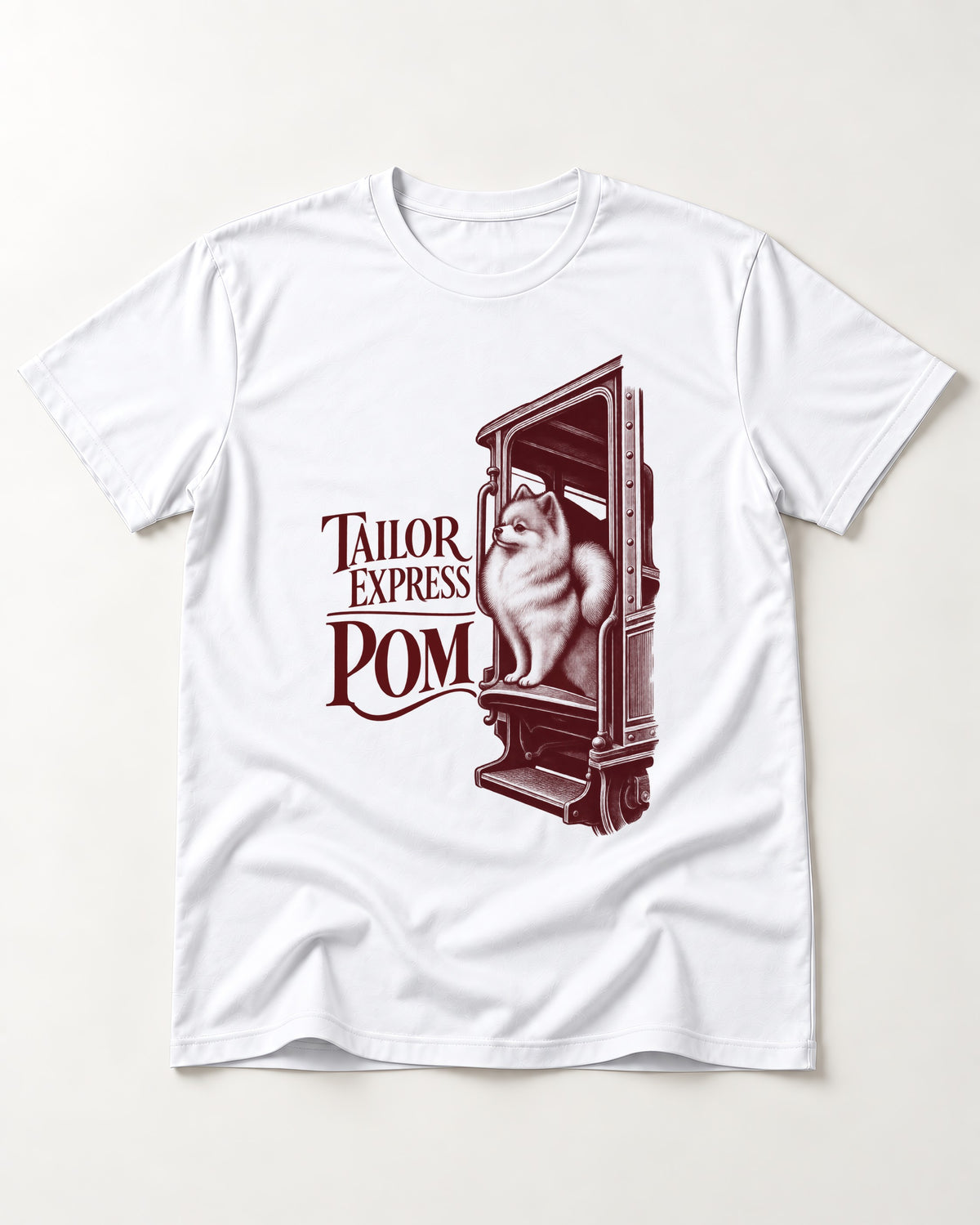 Pomeranian Express T-Shirt in White, flat lay product photo