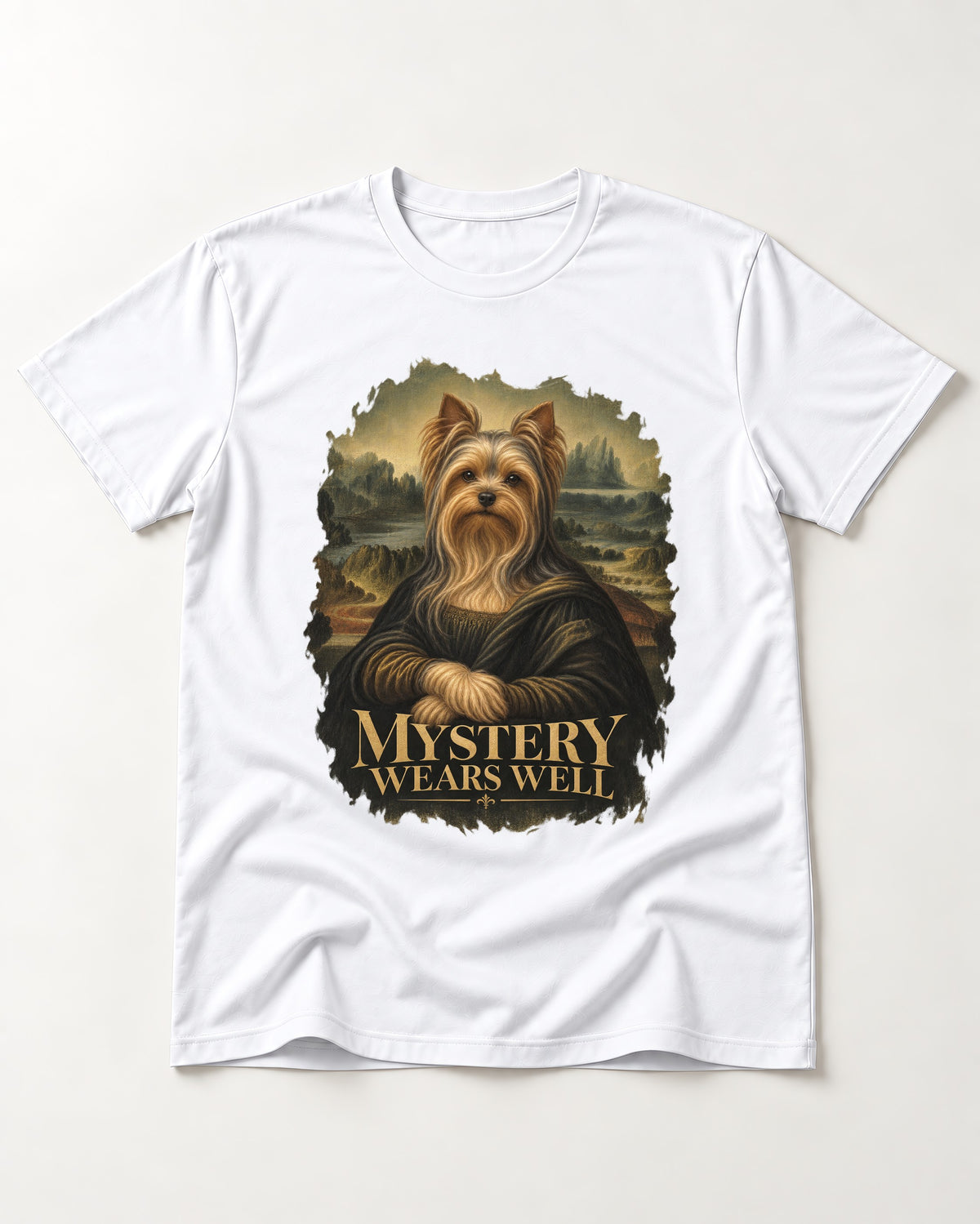 Yorkshire Terrier Mystery Wears Well Mona Lisa Portrait Graphic T-Shirt in White, flat lay product photo