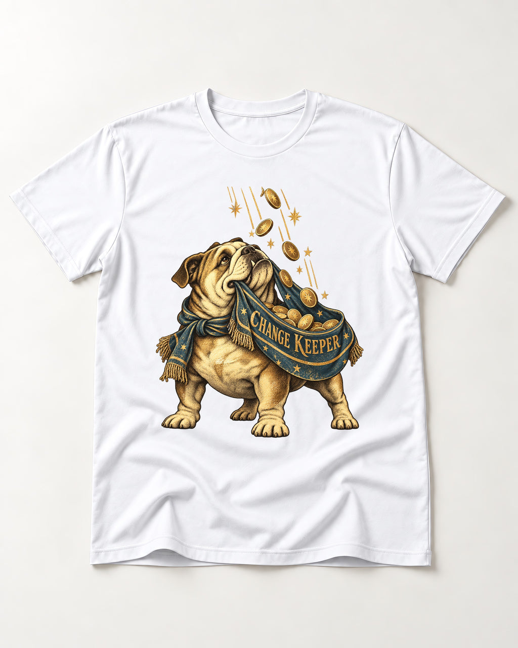 English Bulldog Change Keeper Coin Scarf Graphic T-Shirt in White, flat lay product photo
