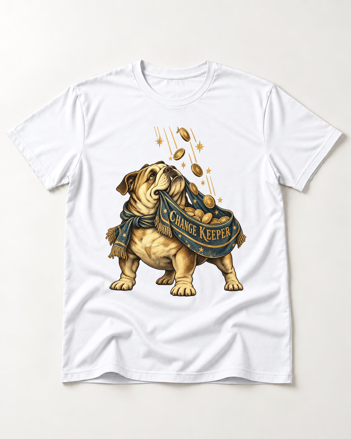 English Bulldog Change Keeper Coin Scarf Graphic T-Shirt in White, flat lay product photo