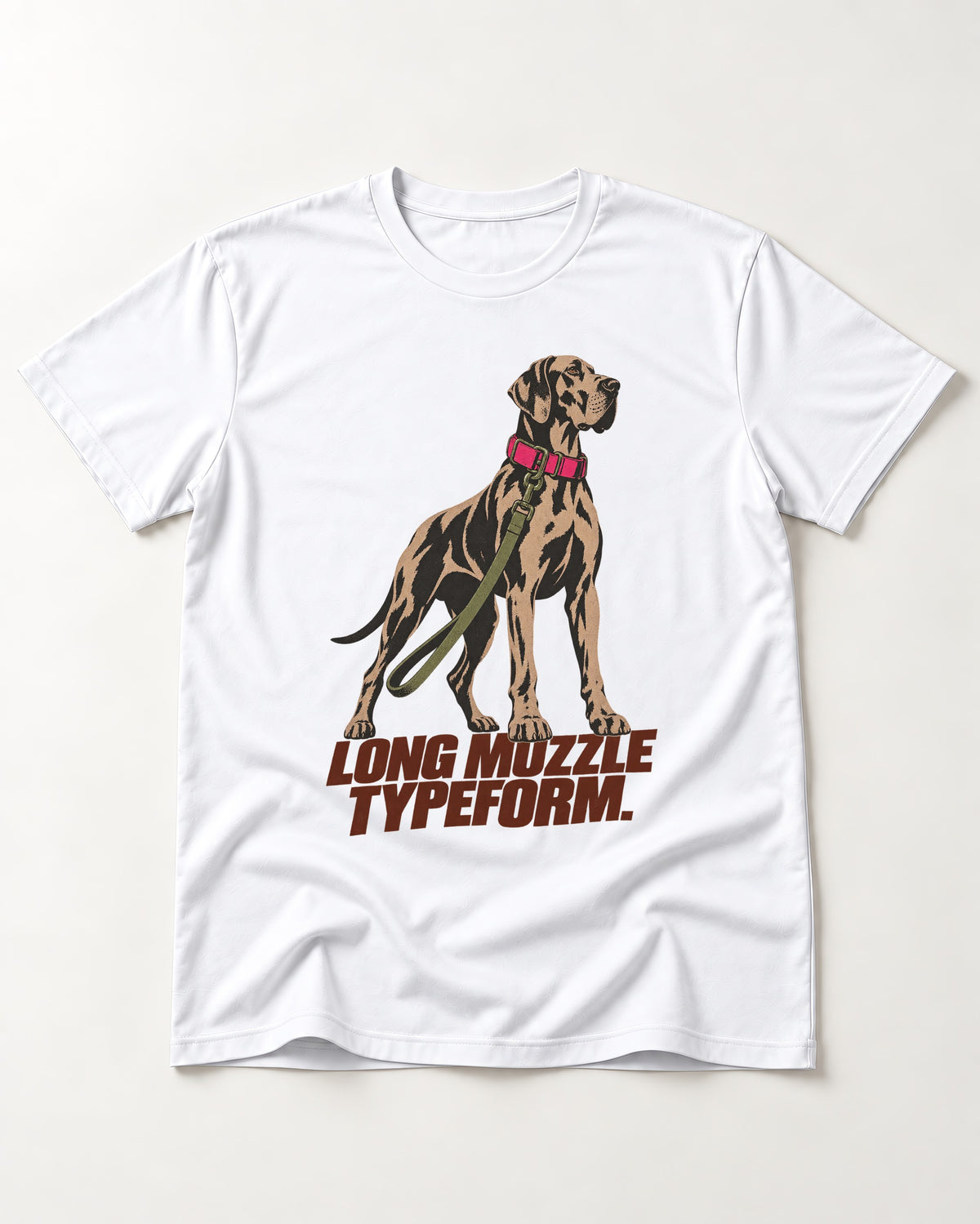 Long Muzzle Typeform Great Dane T-Shirt in White, flat lay product photo