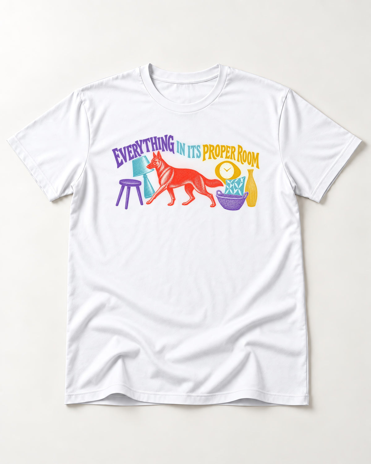 German Shepherd Dog In Its Proper Room T-Shirt in White, flat lay product photo
