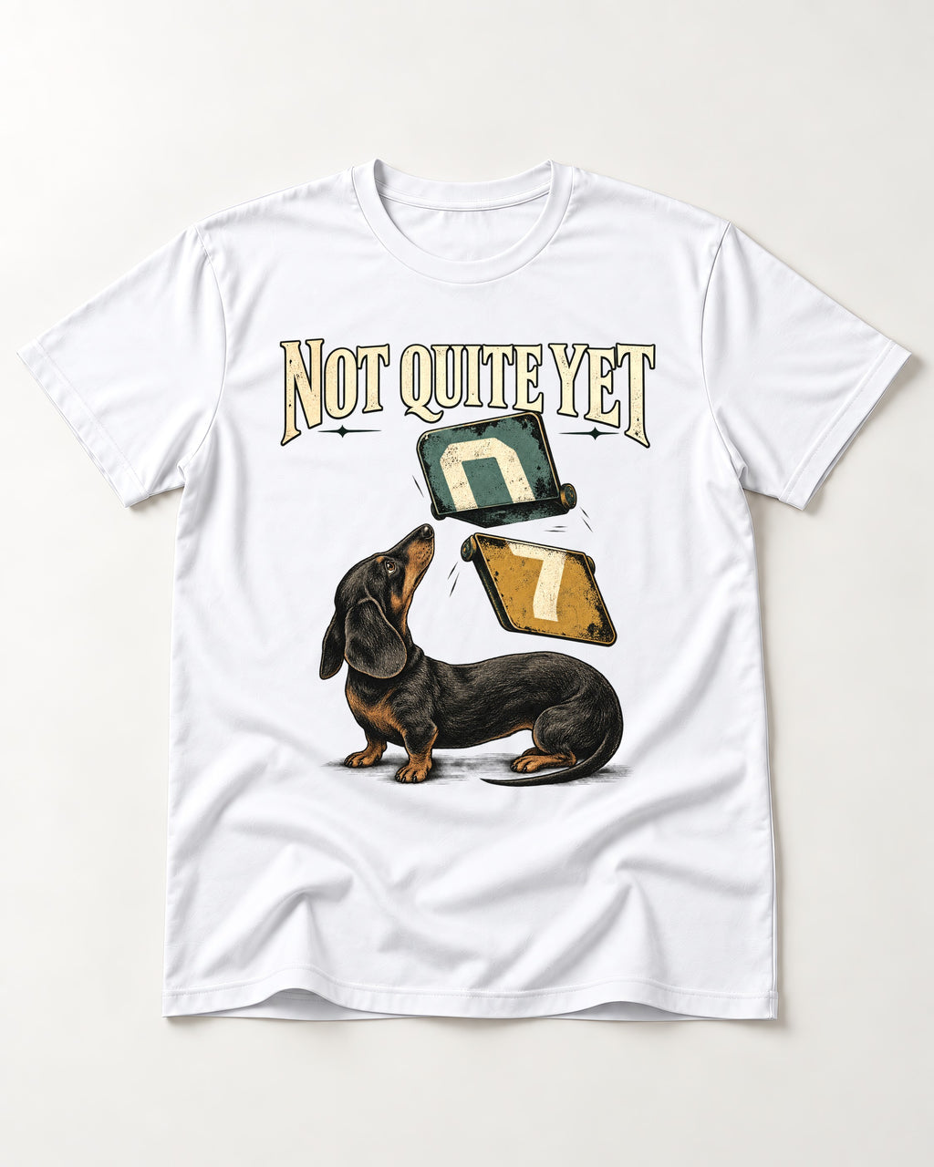 Not Quite Yet Dachshund T-Shirt in White, flat lay product photo