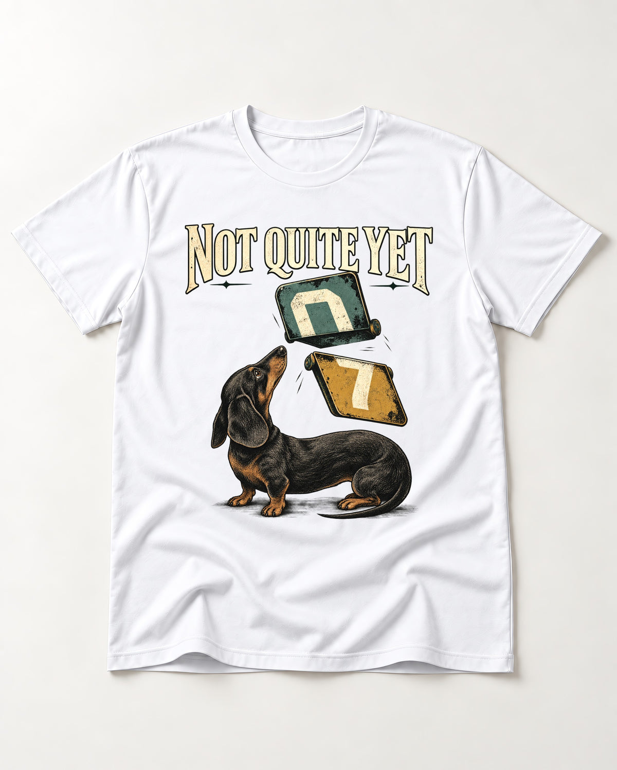 Not Quite Yet Dachshund T-Shirt in White, flat lay product photo