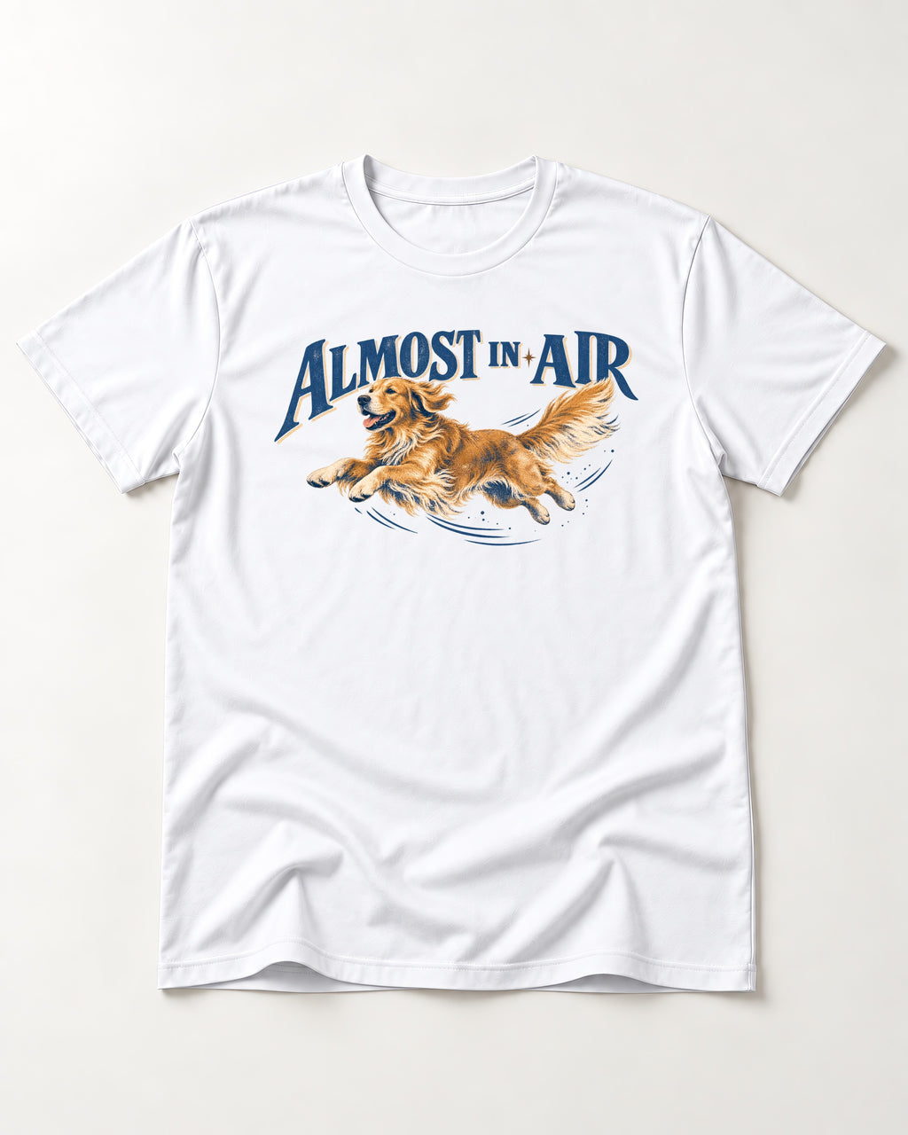 Golden Retriever Almost in Air Flying Graphic T-Shirt in White, flat lay product photo