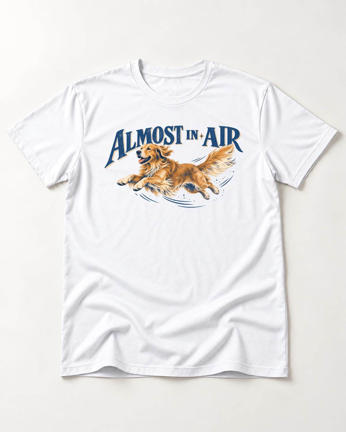 Golden Retriever Almost in Air Flying Graphic T-Shirt in White, flat lay product photo