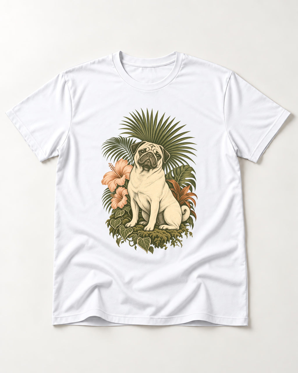 Pug Paradise T-Shirt in White, flat lay product photo