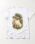 Pug Paradise T-Shirt in White, flat lay product photo