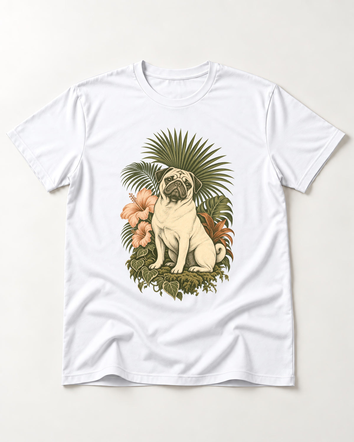 Pug Paradise T-Shirt in White, flat lay product photo