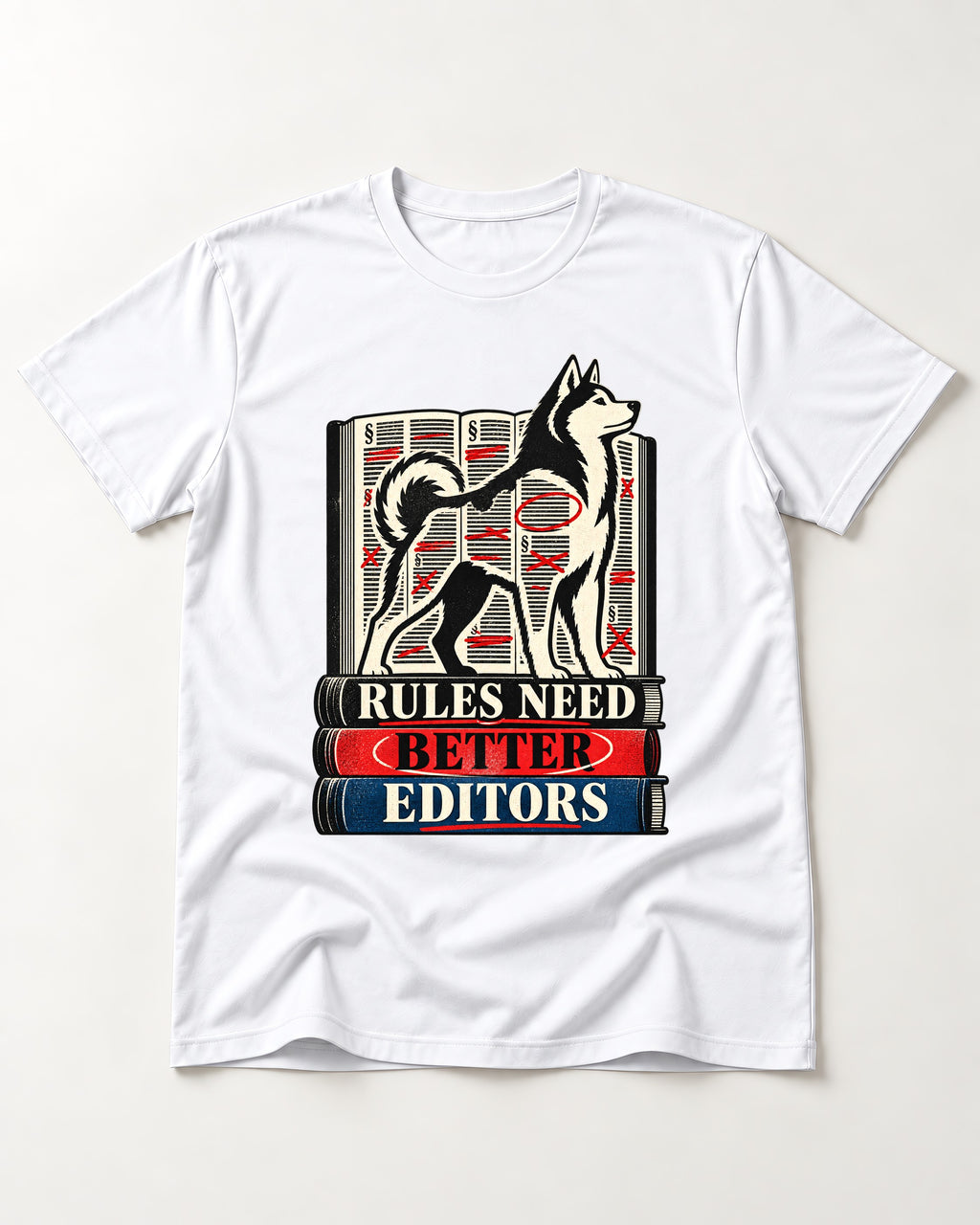 Husky Rules Need Better Editors Book Stack Graphic T-Shirt in White, flat lay product photo