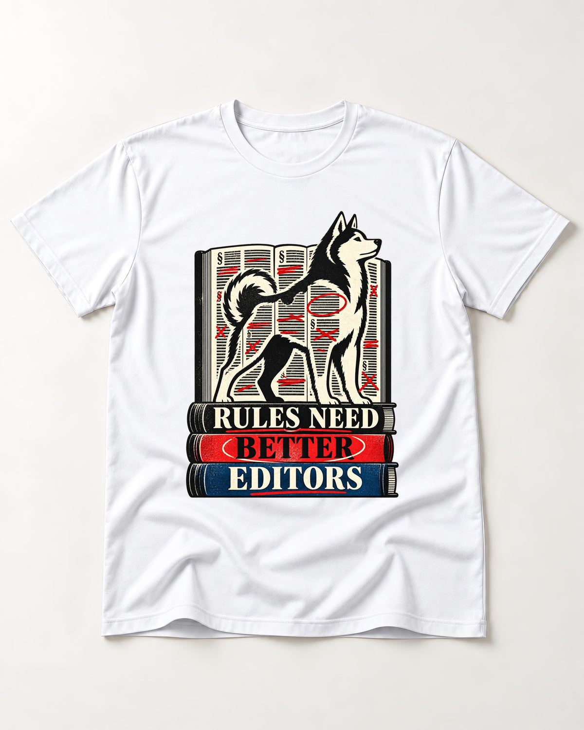 Husky Rules Need Better Editors Book Stack Graphic T-Shirt in White, flat lay product photo