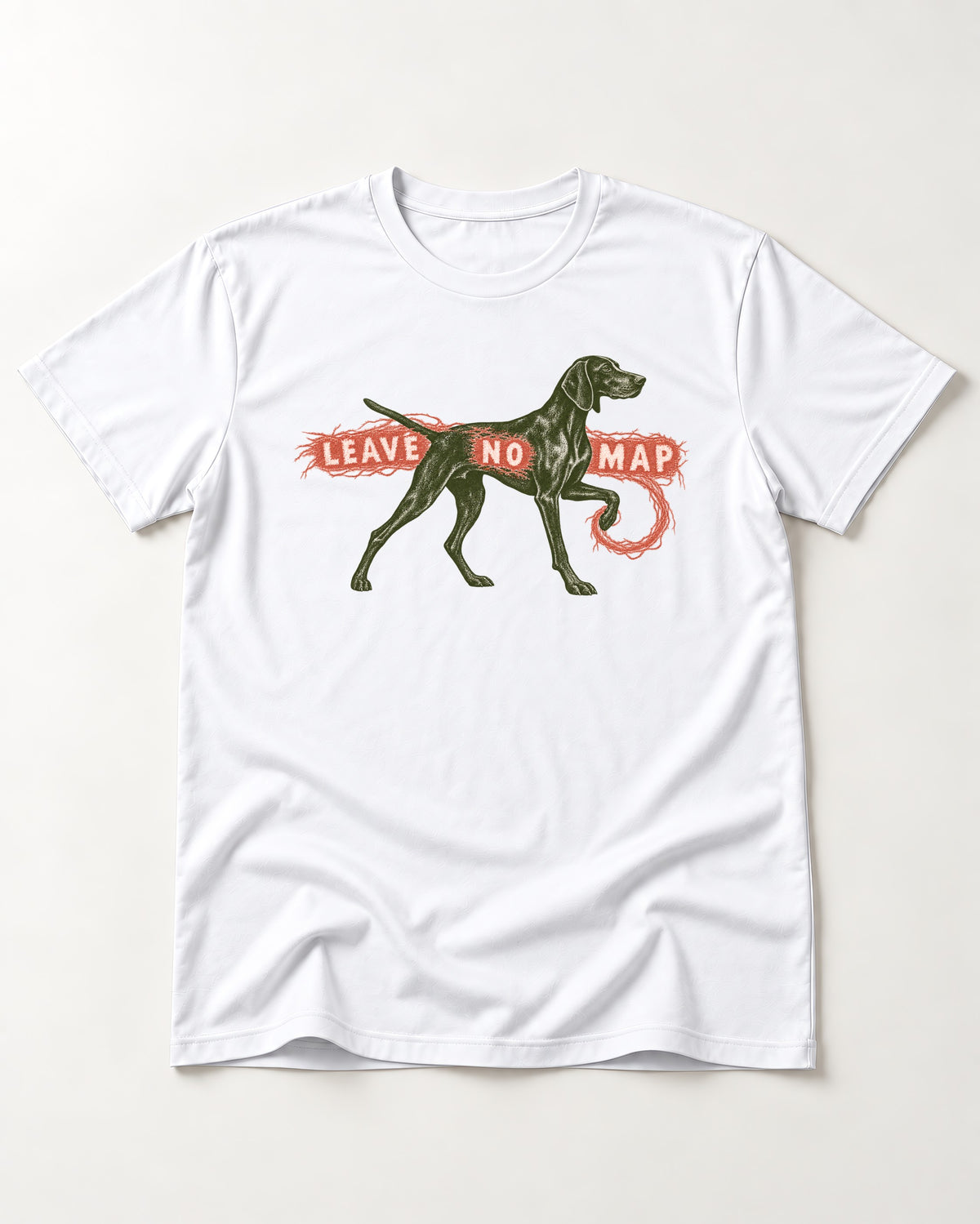 Leave No Map German Shorthaired Pointer T-Shirt in White, flat lay product photo