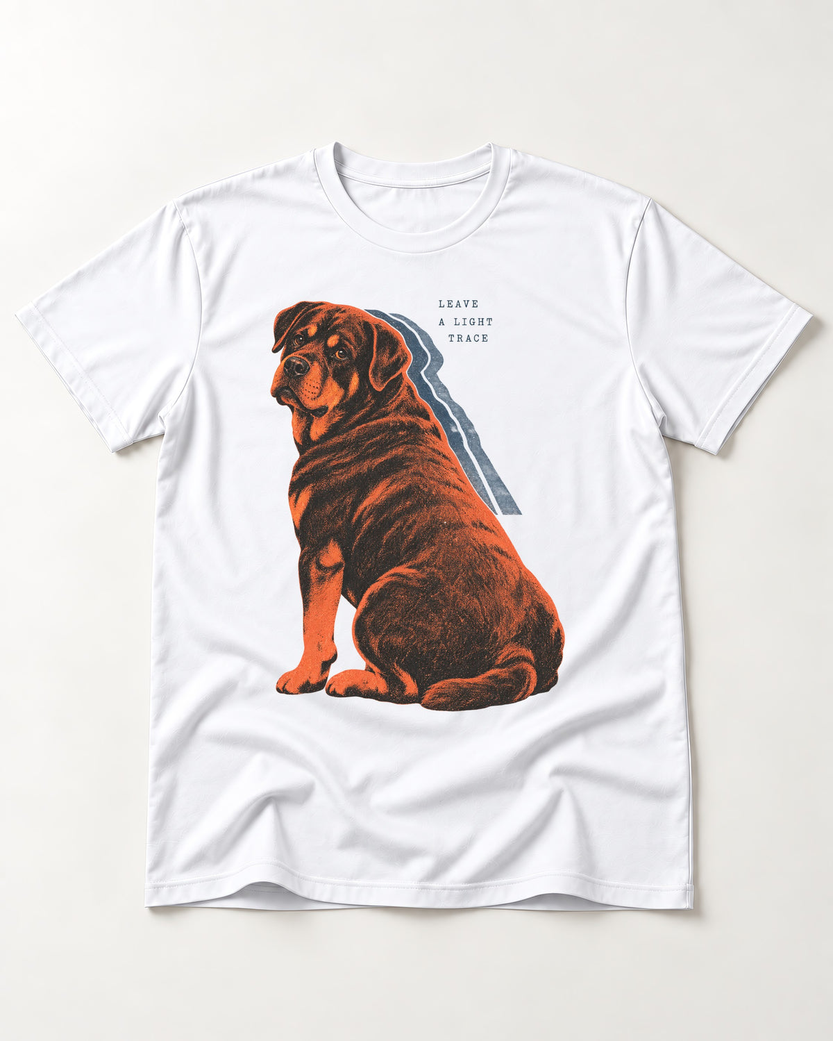 Rottweiler Leave a Light Trace T-Shirt in White, flat lay product photo