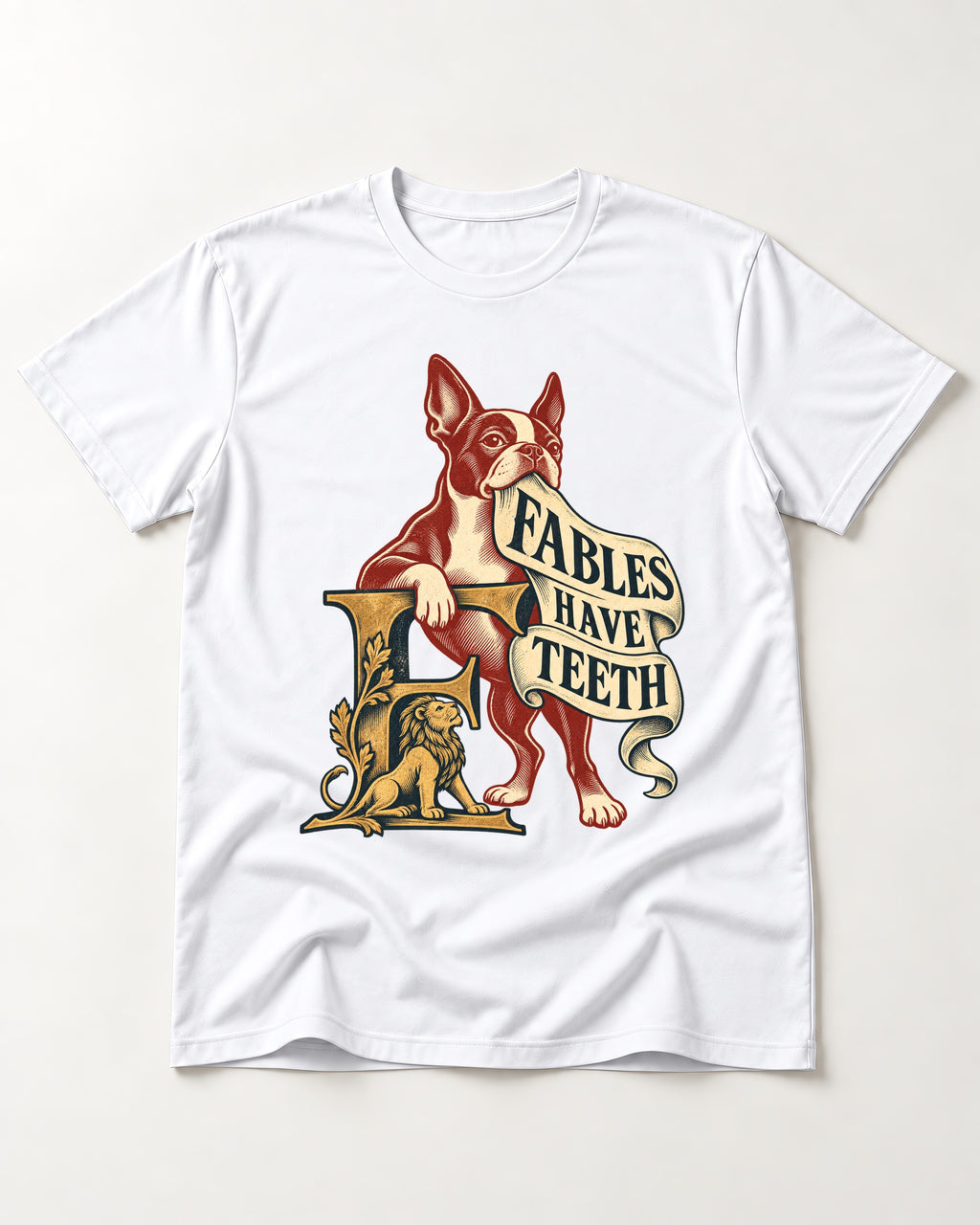 Boston Terrier Fables Have Teeth T-Shirt in White, flat lay product photo