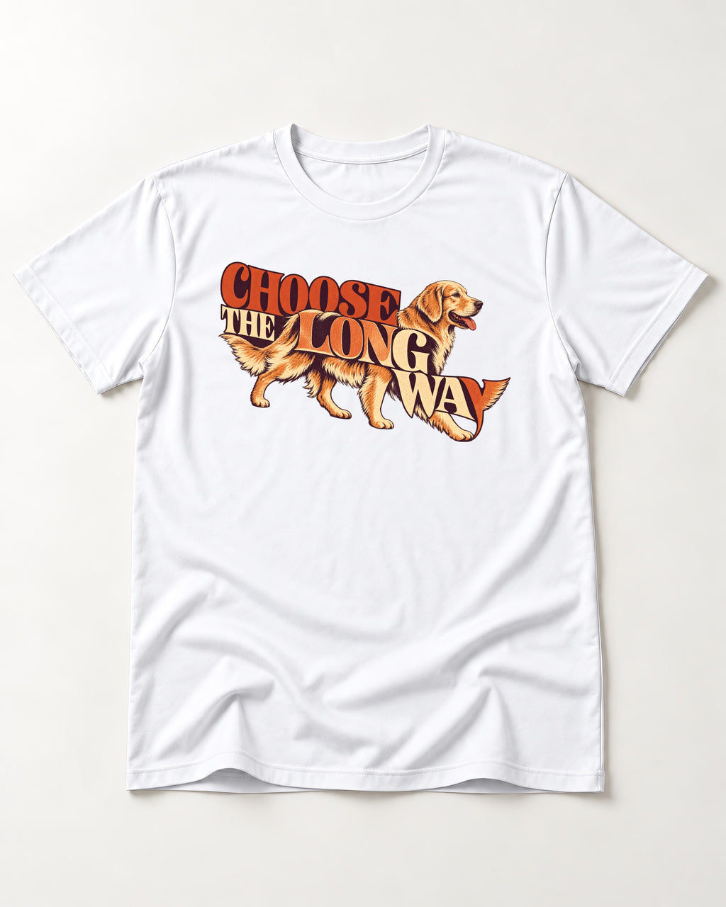 Golden Retriever Choose The Long Way Retro Graphic T-Shirt in White, flat lay product photo
