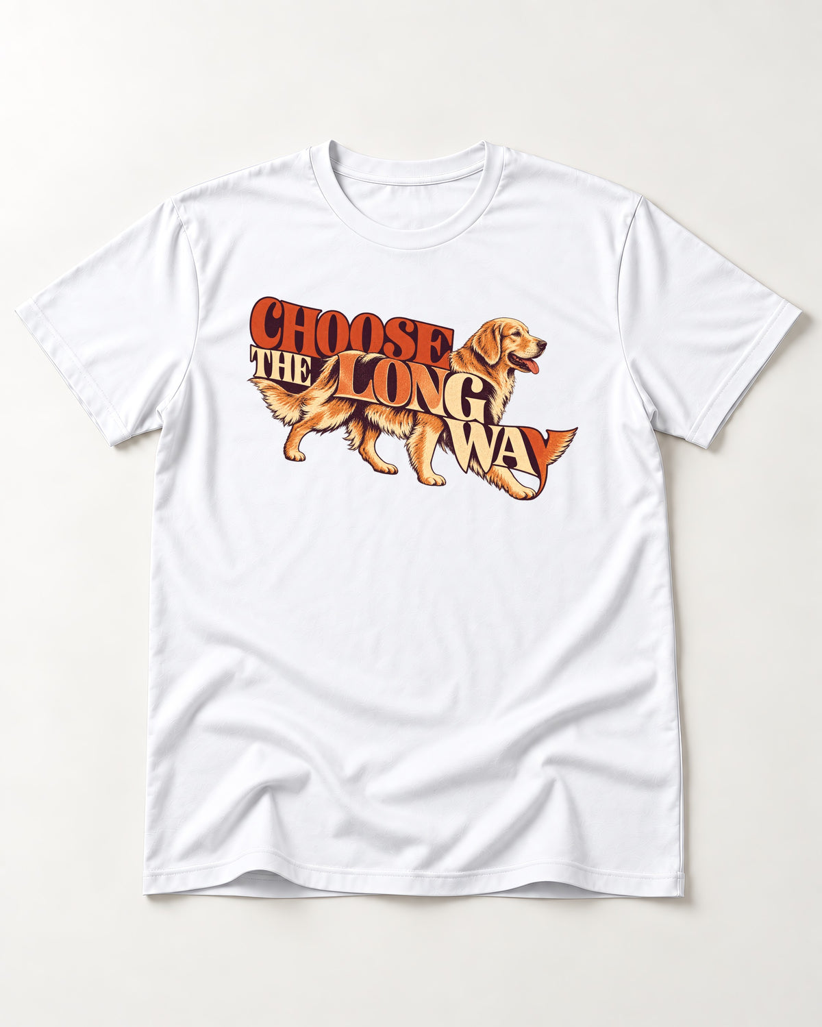 Golden Retriever Choose The Long Way Retro Graphic T-Shirt in White, flat lay product photo