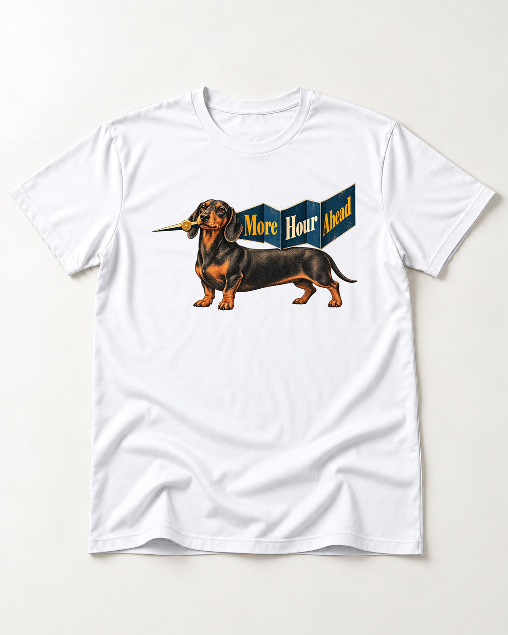 Dachshund More Hour Ahead Foldout Banner Graphic T-Shirt in White, flat lay product photo