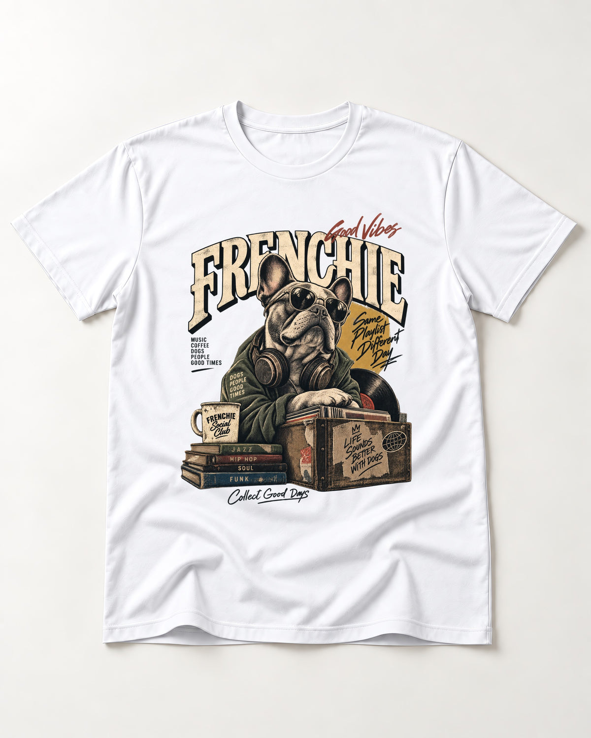 Frenchie Social Club T-Shirt in White, flat lay product photo