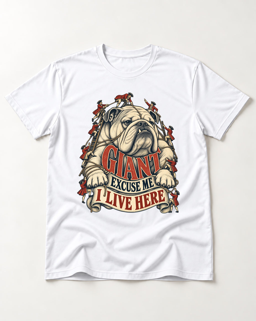 English Bulldog I Live Here T-Shirt in White, flat lay product photo