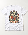 English Bulldog I Live Here T-Shirt in White, flat lay product photo