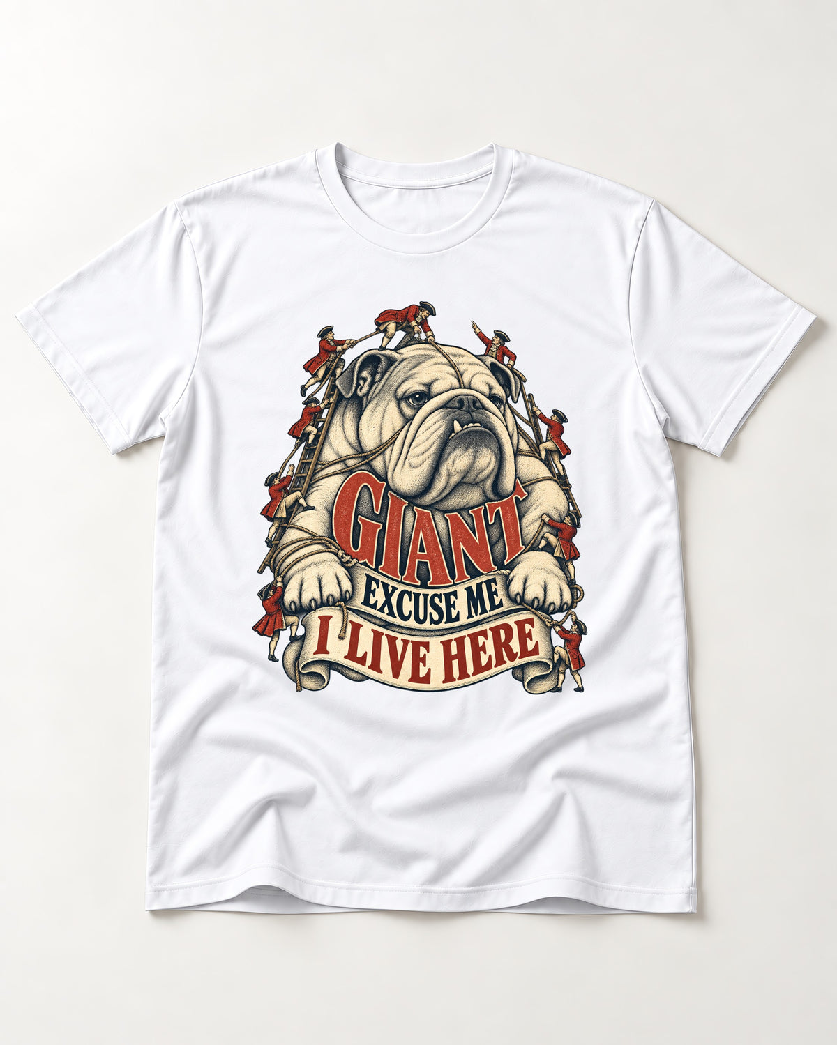 English Bulldog I Live Here T-Shirt in White, flat lay product photo