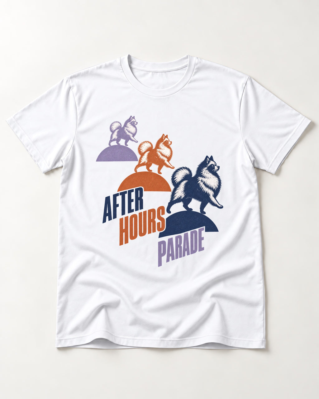 Pomeranian After Hours Parade T-Shirt in White, flat lay product photo