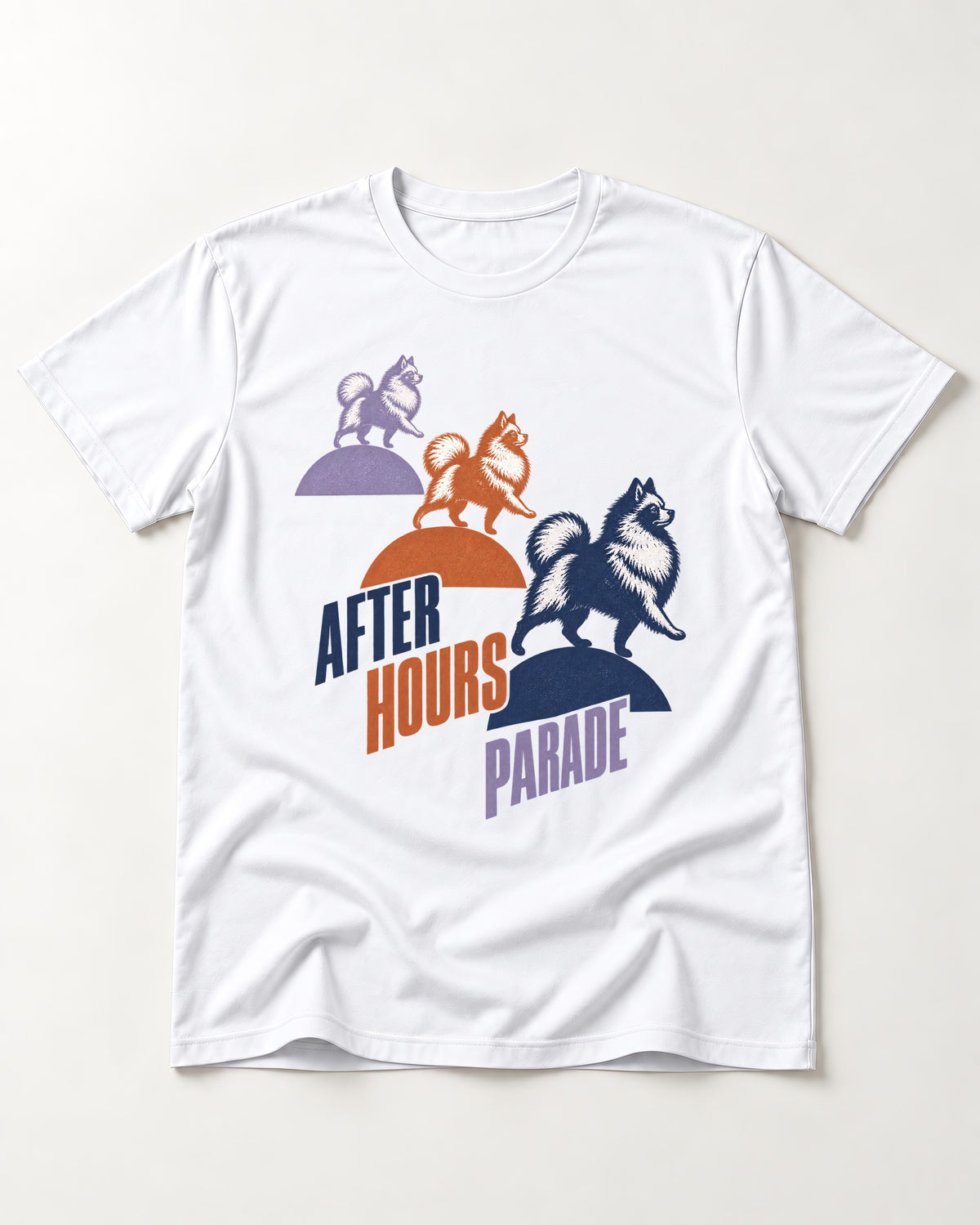 Pomeranian After Hours Parade T-Shirt in White, flat lay product photo