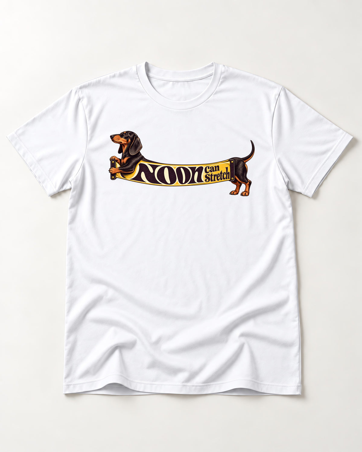 Dachshund Noon Can Stretch Sign Graphic T-Shirt in White, flat lay product photo